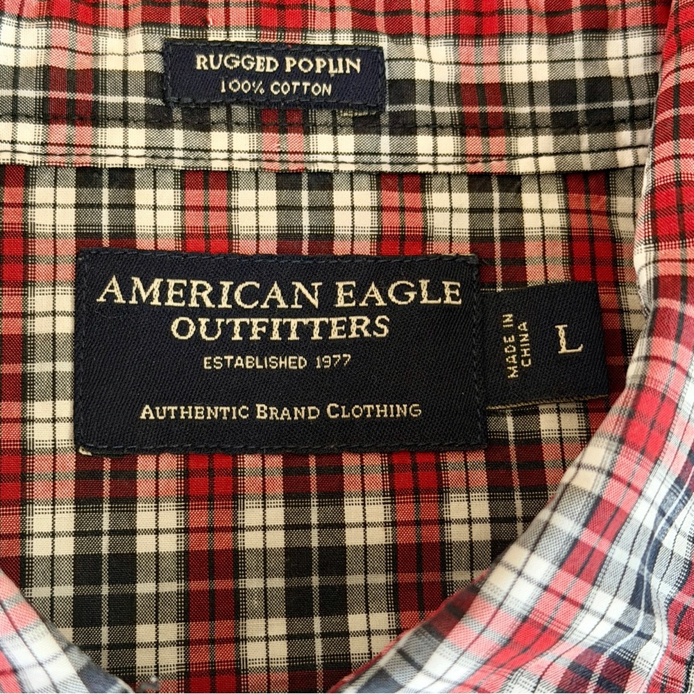American Eagle Rugged Poplin‎ Shirt Men Large Red Plaid PearlSnap Button Down LS